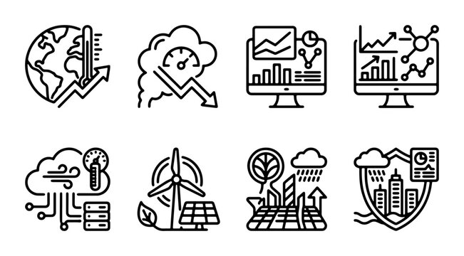 Eco-Technology Icons: Climate Change, Renewable Energy, Smart City Data, Global Warming, Sustainable Future, Digital Transformation, 8 Vector Elements