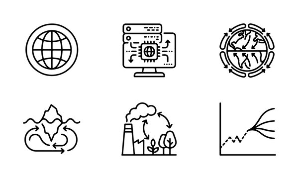 Global Climate Change Icons, Environmental Data Analysis, and Industrial Impact Vector Set