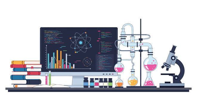 Modern scientific laboratory workspace contains a computer screen with data charts, chemical flasks, a microscope, and stacks of research books.