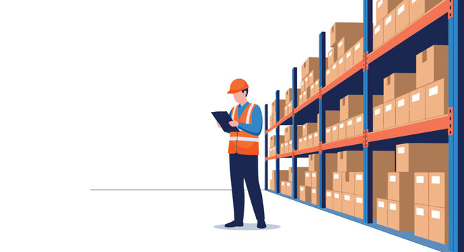 Warehouse employee in a high-visibility vest and helmet using a clipboard to check inventory on tall storage racks.