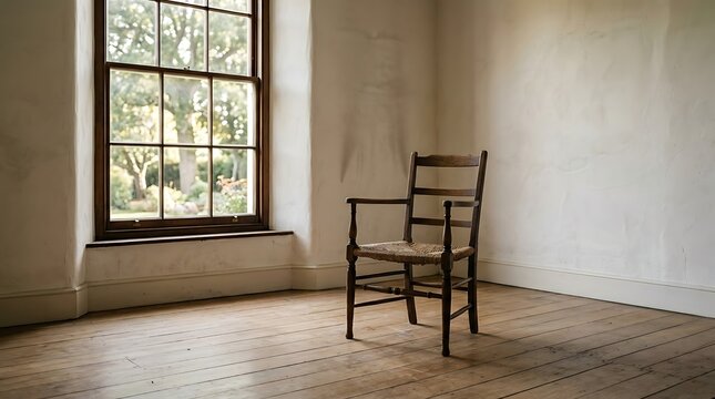 A serene and simple empty room bathed in natural light, featuring a single rustic wooden chair by a large window overlooking a peaceful garden