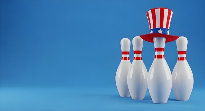 Festive bowling pins with uncle sam hat on blue background patriotic sports concept