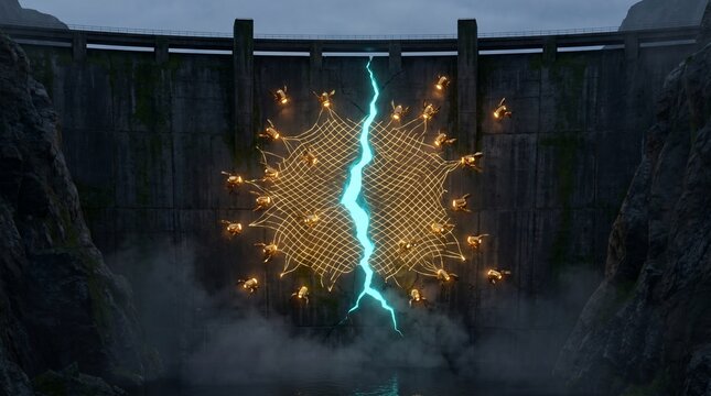 Golden robotic drones weaving a titanium patch over a cracked concrete dam as a risk management and automation concept