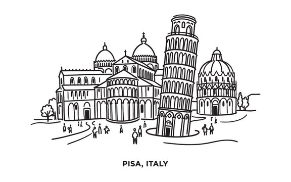 Leaning Tower of Pisa Italy Line Art, Piazza dei Miracoli Architecture Design