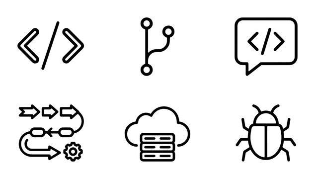 Coding and Development Icons: Software Engineering, Cloud Computing, Version Control, Debugging, Workflow Automation, and Programming Symbols