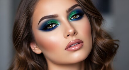Fototapeta premium Glamorous woman with vibrant blue green eye makeup and flawless skin portrait.