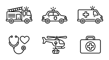 Emergency Services Icons Set: Fire Truck, Police Car, Ambulance, Stethoscope, Medical Helicopter, First Aid Kit, Vector Graphics © Monsur