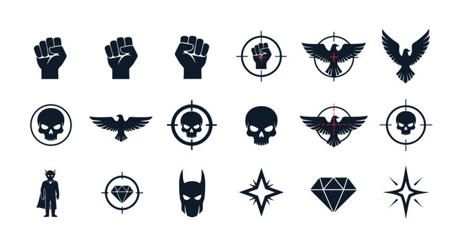 Various black silhouettes of combat and power icons including fists, skulls, eagles, targets, and heroic mask symbols.
