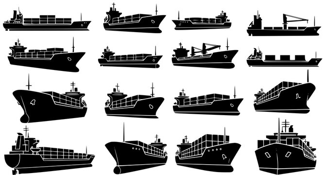 Set of large cargo container ships and maritime freight vessels in black silhouette vector style for logistics and international trade transportation projects