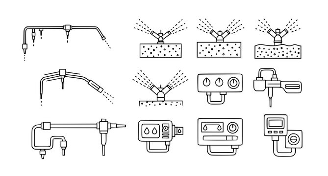 Precision irrigation and smart agricultural watering system icons set featuring sprayers and automated control monitors for modern farm management and crop health