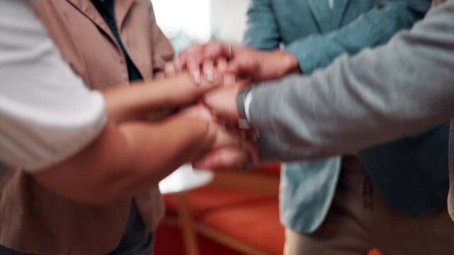 Business, team and hands with stack in office for pre pitch motivation, project unity and support. Corporate, people and huddle with clapping for mission, employee engagement and job cohesion