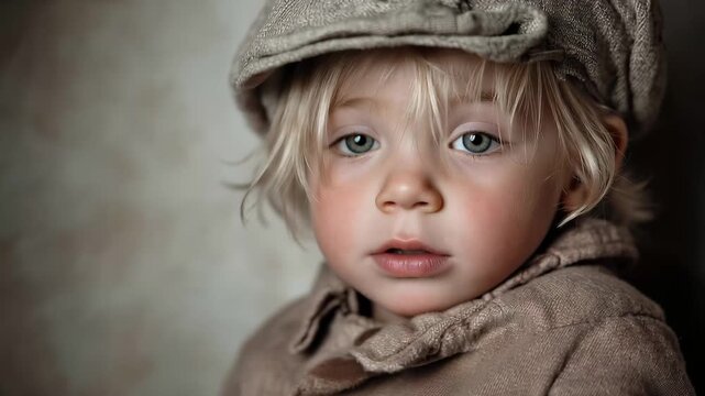 Young child in flat cap with varied expressions against textured wall soft focus cinematic