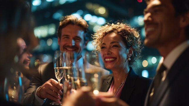 Diverse group celebrates, toasting with champagne glasses, smiling, city backdrop, evening