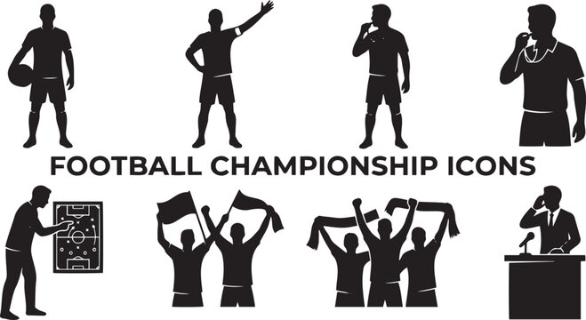 Professional football championship vector graphic illustration featuring various black silhouettes of referees coaches and enthusiastic fans celebrating a sporting event