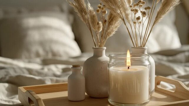Lit scented candle and pampas grass in ceramic vases on a wooden tray over rumpled bed linens in a sunlit bedroom
