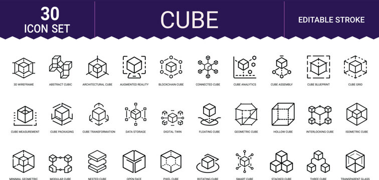 Cube line icons set showing geometric 3d shapes structure and abstract analytical modules.