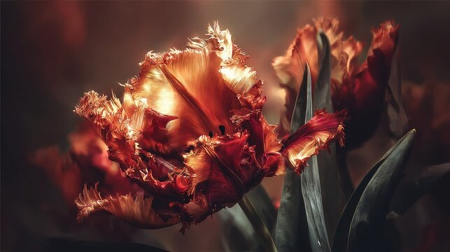 Dramatic  highlights the ruffled petals of a vibrant bloom illuminated by warm light.