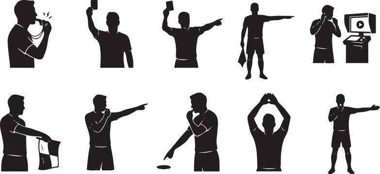 Black vector illustration set showing professional soccer referees performing various hand signals and officiating gestures during a competitive sports match