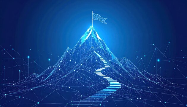 Digital wireframe mountain with glowing path leading to a flag on the summit symbolizing ambition success and technological achievement.