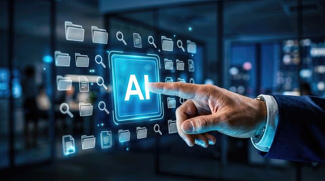 Ai interaction demonstration digital workspace infographic modern office close-up view technology innovation for enhanced decision making