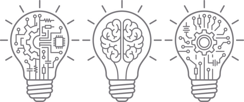 Conceptual light bulbs with human brain, gears, and circuit board representing creative technology innovation and industrial ideas