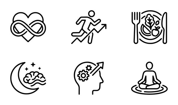 Wellness Icons Set: Health, Growth, Nutrition, Sleep, Mindset, Meditation, Lifestyle Concepts, Vector Graphics