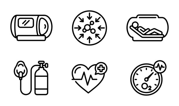 Hyperbaric Oxygen Therapy Icons, Medical Treatment Symbols, Health Care Vector Set: Chamber, Oxygen Mask, Heart Rate, Pressure