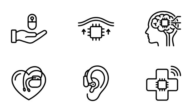 Medical Technology Icons: Healthcare, Brain Chip, Hearing Aid, Pill, Biochip, and Digital Health Symbols