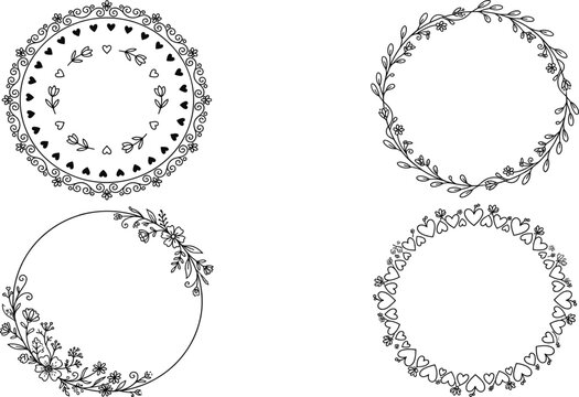 Four decorative floral wreath designs with hearts, leaves, and flowers, circular ornamental frames for invitations, greeting cards, and crafting projects