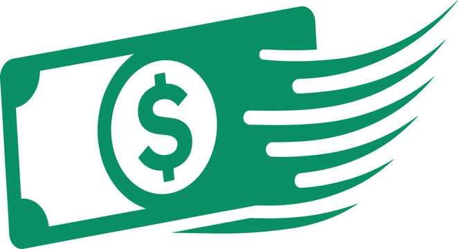 Green dollar banknote icon with motion speed lines for fast payment and quick financial transaction concept