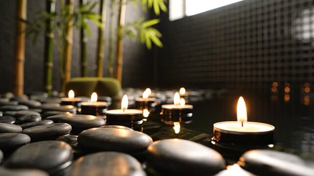Lit tea light candles floating on dark water surface with smooth black river stones and green bamboo in a tranquil spa setting