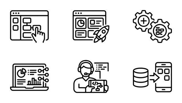 Modern Business Icons Set: Analytics, Startup Rocket, Data Management, Customer Support, Mobile App Development, Workflow Automation