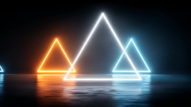 Glowing neon triangles illuminate a dark, reflective surface, creating abstract light patterns
