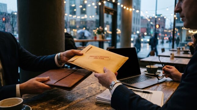 Businessmen exchanging confidential legal documents in envelope at cafe table, corporate secret deal, private information transfer