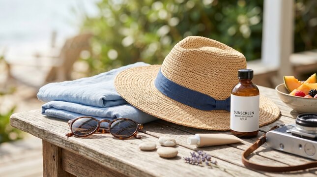 Summer beach vacation essentials including straw hat, sunscreen bottle, sunglasses, towel, camera and fruit bowl arranged on wooden table near ocean view