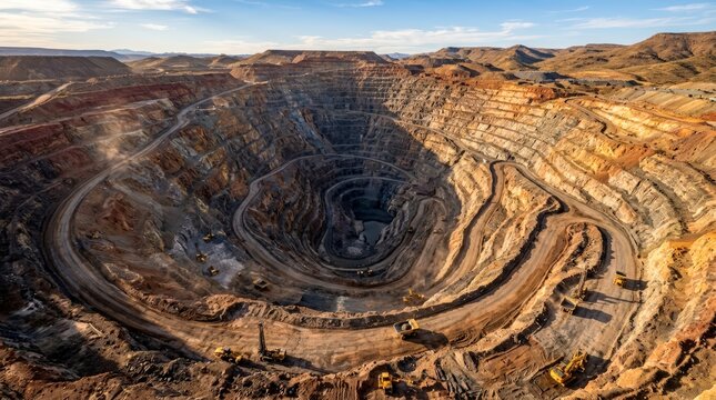 Vast openpit mine with concentric terraces and deep central pit under a clear sky.