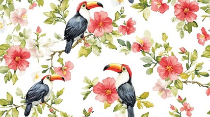 Fototapeta premium Tropical toucan birds and red hibiscus flowers watercolor pattern seamless background design for textile and wallpaper prints.
