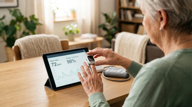 Senior woman monitoring her heart rate and oxygen saturation levels using a pulse oximeter and tablet app at home, telemedicine and remote patient care concept.