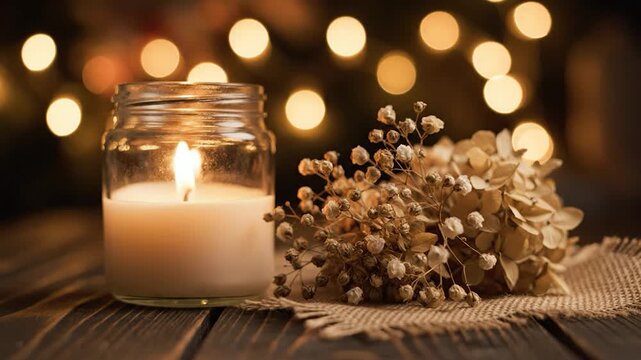 Lit white candle in a glass jar next to dried flowers on a wooden table with warm bokeh lights in the background