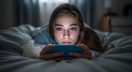 Obraz premium Tired Young Woman with Red Eyes Using Smartphone in Bed at Night for Sleep Deprivation and Digital Addiction Concept