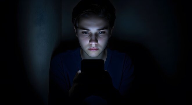 Teenage boy using phone in dark room with blue light reflection on face