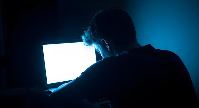 Tired young man working late on laptop in dark room with blue light screen glow