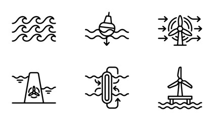 Renewable Energy Icons: Ocean Wind Turbines, Tidal Power Generators, Wave Energy Converters, Buoys, and Hydroelectric Dams for Sustainable Power Solutions © Mahira