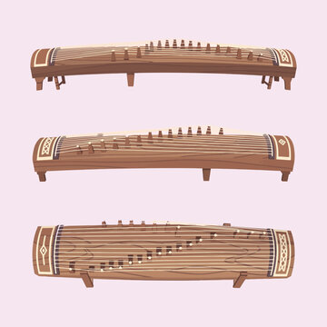Three traditional stringed musical instruments on a soft, pastel pink background