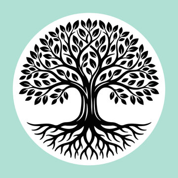 A detailed illustration of a tree with roots and branches in a circle