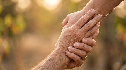 A compassionate close-up of one hand reaching down to assist another, symbolizing powerful themes of rescue, empathy, and strong human connection amidst a soft, sunlit natural setting