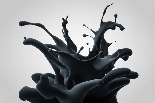 Striking abstract black liquid splash creating an impressive explosive dark paint sculpture against a simple light grey