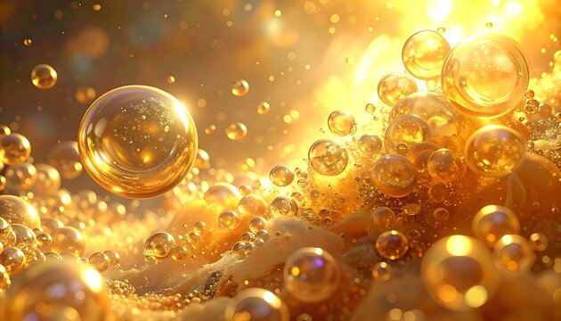 Golden Bubbles Floating in Air Light.