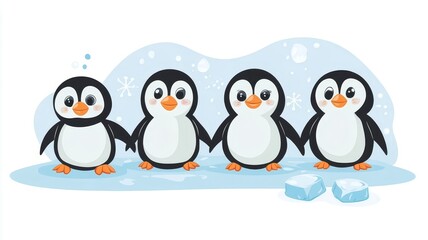 Fototapeta premium Cute cartoon penguins standing together on iceberg winter background illustration for children and holiday design projects.