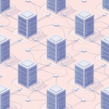 Isometric illustration of a data center with connected servers and network
